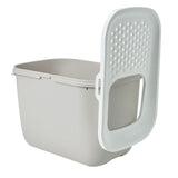 Plastic litter box with a detachable, perforated lid shown open, highlighting the entryway and textured surface for trapping litter.