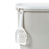 Grey container with white lid and a white litter scoop hanging on the side.