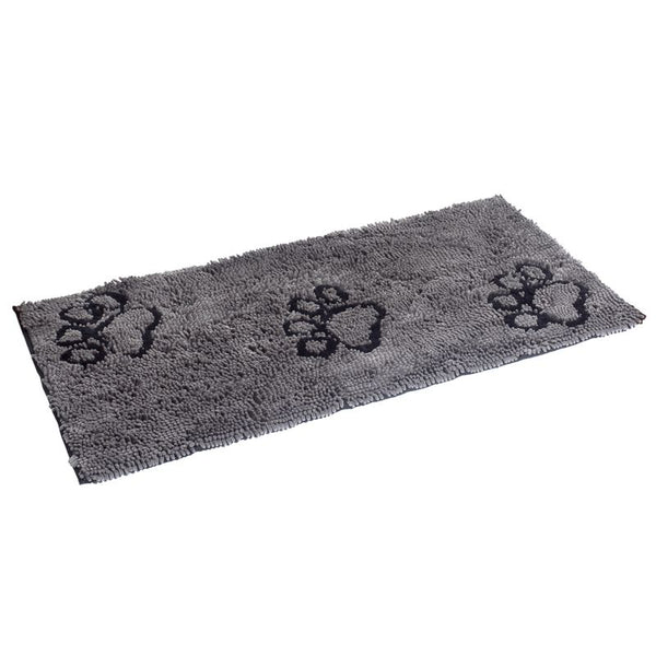 Grey mat with black paw prints, rectangular shape, textured surface.