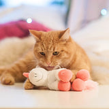 Cat playing with a soft plush toy, demonstrating product use as a pet accessory or toy.