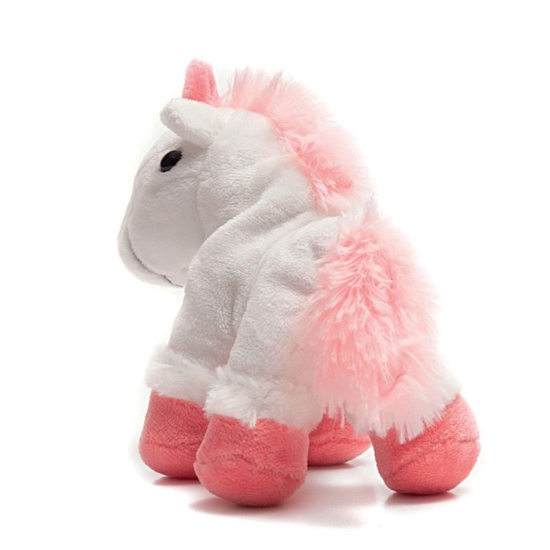 Plush toy shaped like a white unicorn with pink mane, tail and hooves.