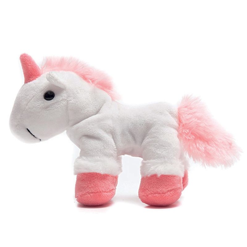 Plush unicorn toy in white with pink mane, tail and hooves. Suitable as pet toy or decoration.