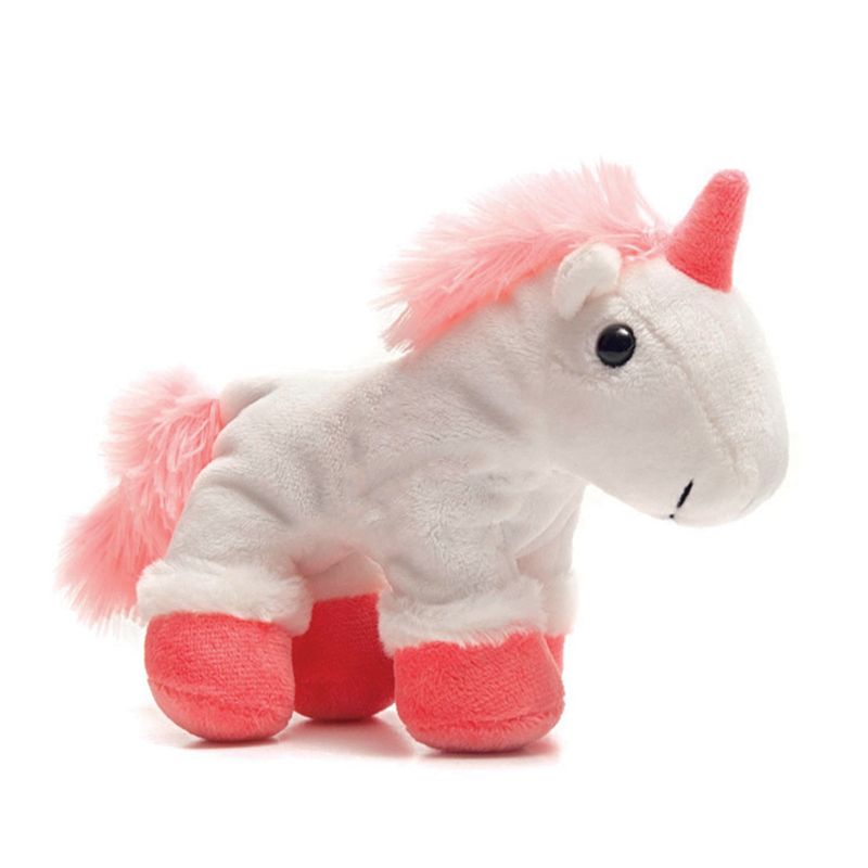 Plush unicorn toy in white with pink mane, red horn and red hooves.