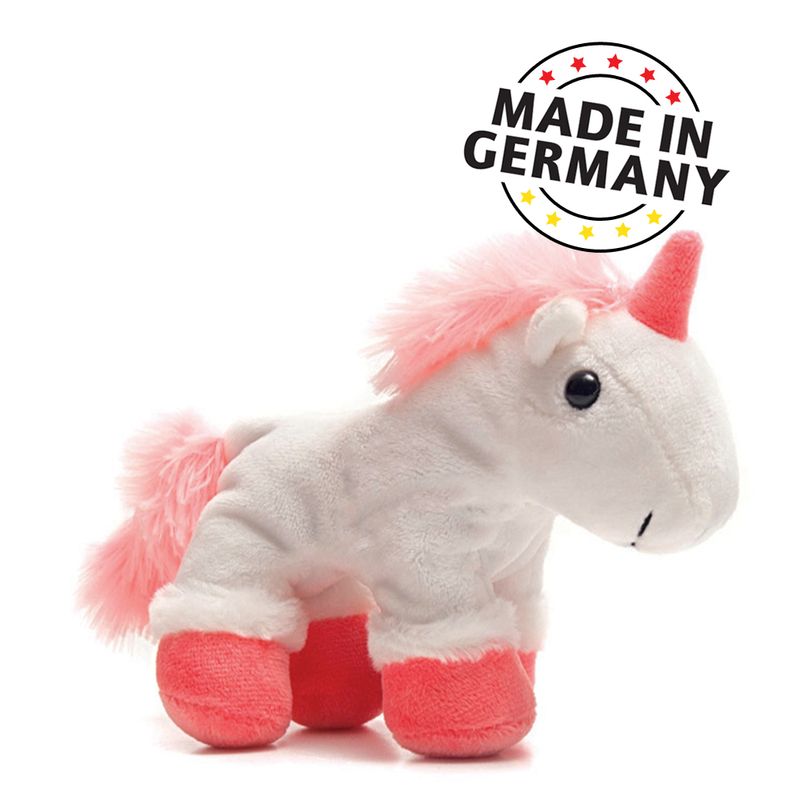 Plush unicorn with pink mane and hooves. Text: Made in Germany.