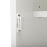 Close-up of a white magnetic lock with metal pins, mounted on a white door.