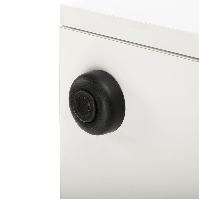 Black doorstop made of plastic, mounted on a white surface.