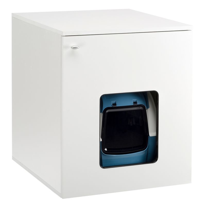 White cabinet with integrated viewing window showing a blue cat litter box.