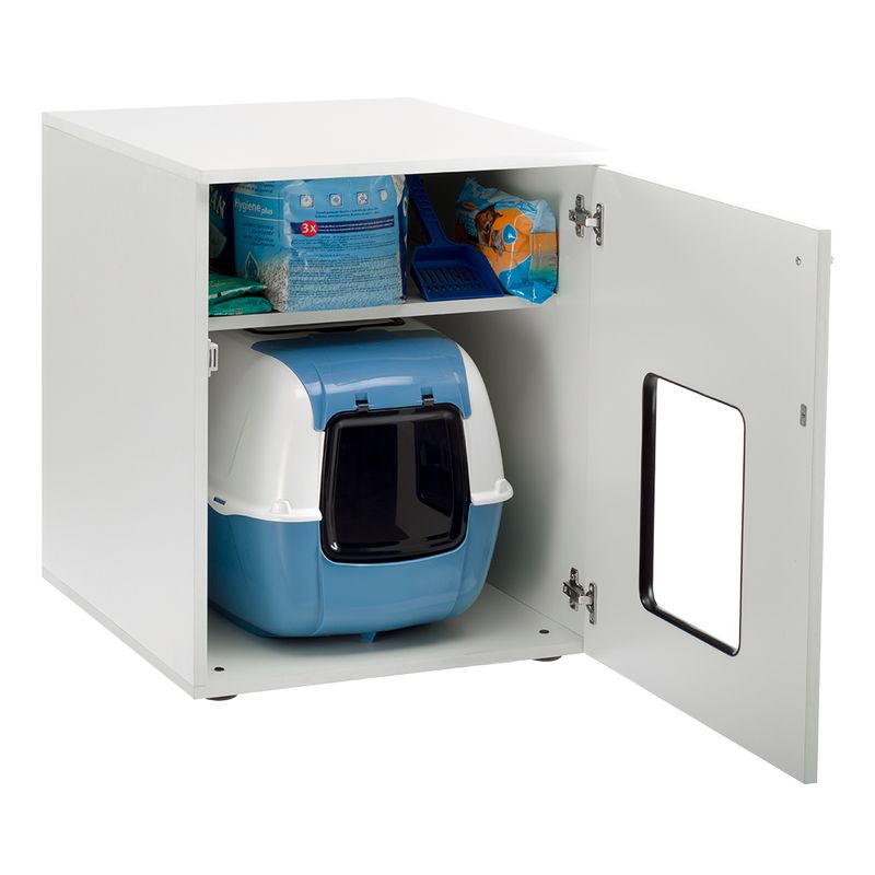 Cupboard with cat litter, scoop and closed litter box. Door with cut-out for access.