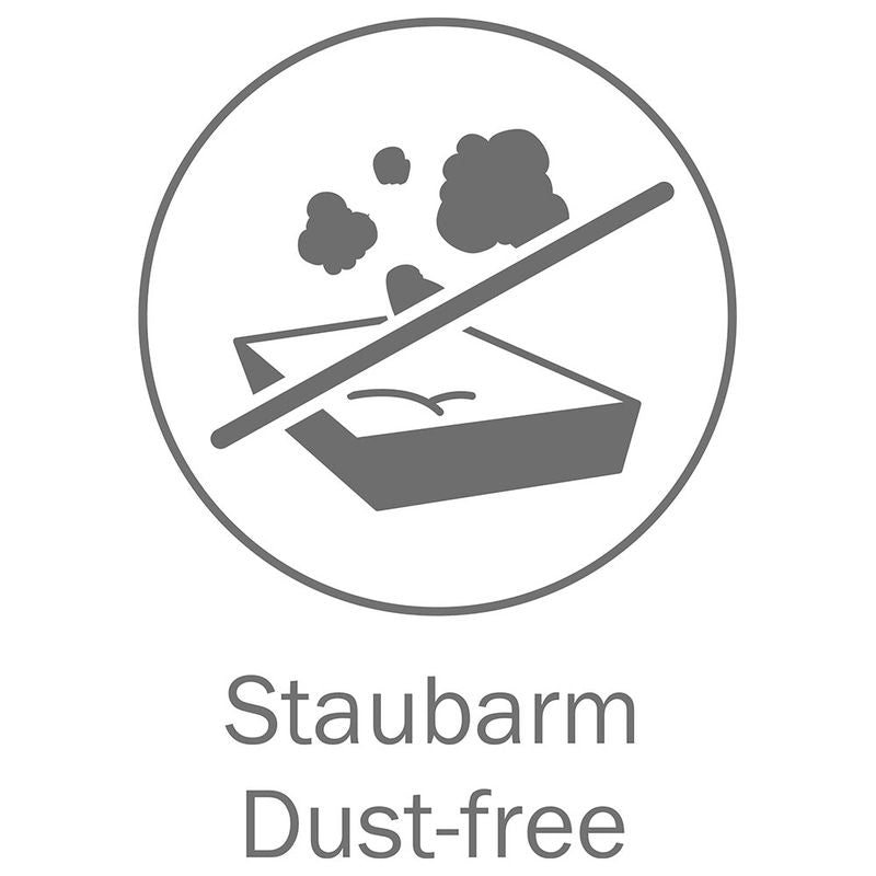 Symbol for low-dust properties with crossed-out dust cloud and text 'Staubarm Dust-free'.