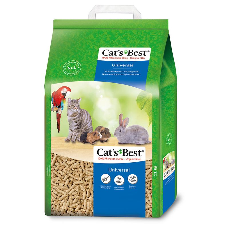 Cat's Best Universal, 100% plant-based litter, non-clumping, highly absorbent, dust-free. Suitable for cats, rabbits, guinea pigs and birds. Packaging shows animals and pellets.