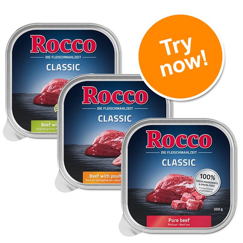 Three Rocco Classic trays: Beef with green tripe, Beef with poultry hearts, Pure beef. Visible text: 100% fresh ingredients & grain-free, Try now! Each tray 300g.