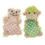 Two plush hedgehog toys, one beige with white dots and the other green with white dots, both with smiling faces.