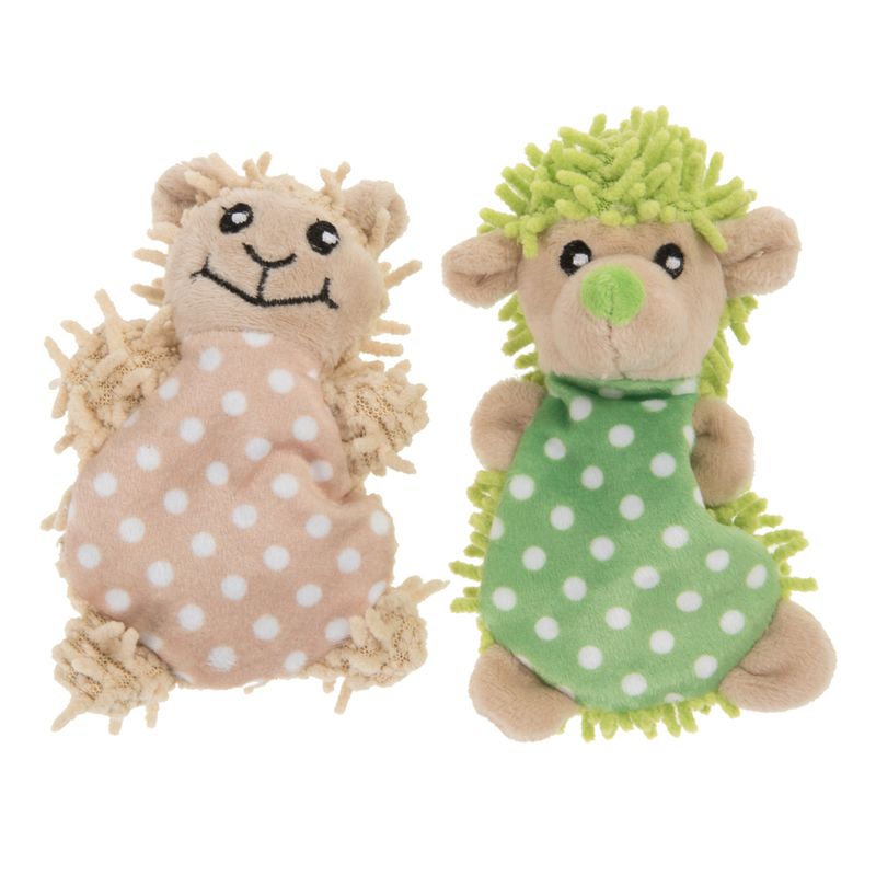 Two plush hedgehog toys, one beige with white dots and the other green with white dots, both with smiling faces.