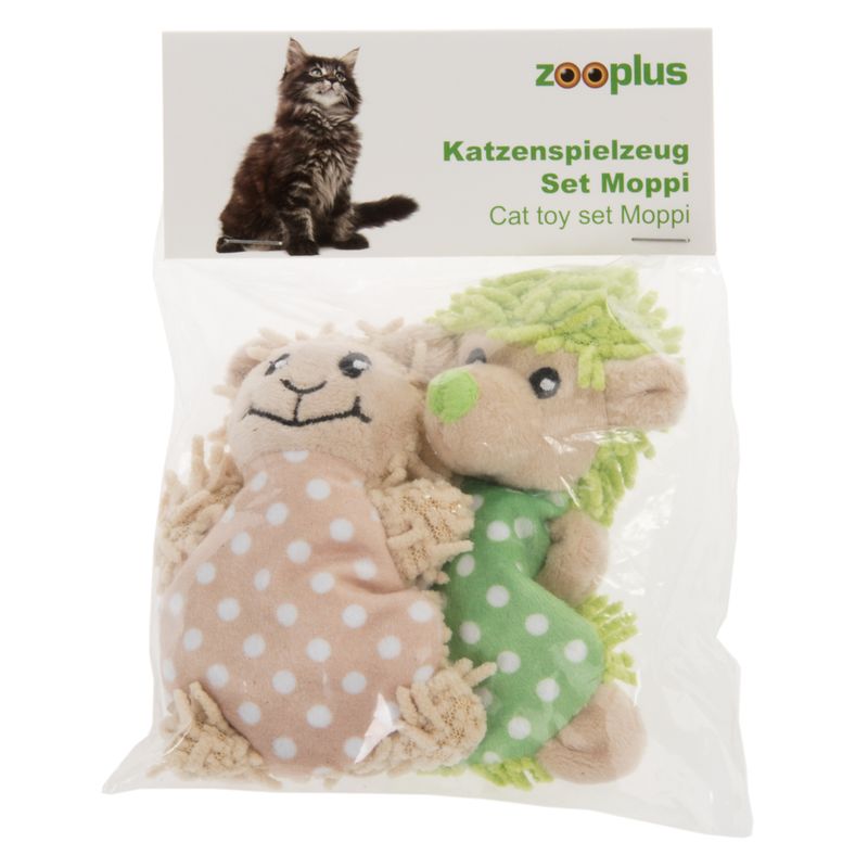 cat toy set Moppi, two fabric animals with spotted designs in beige and green, packed in a transparent bag.