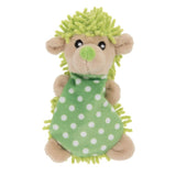 Plush toy shaped like a hedgehog with a green spotted body and green fringes as hair.