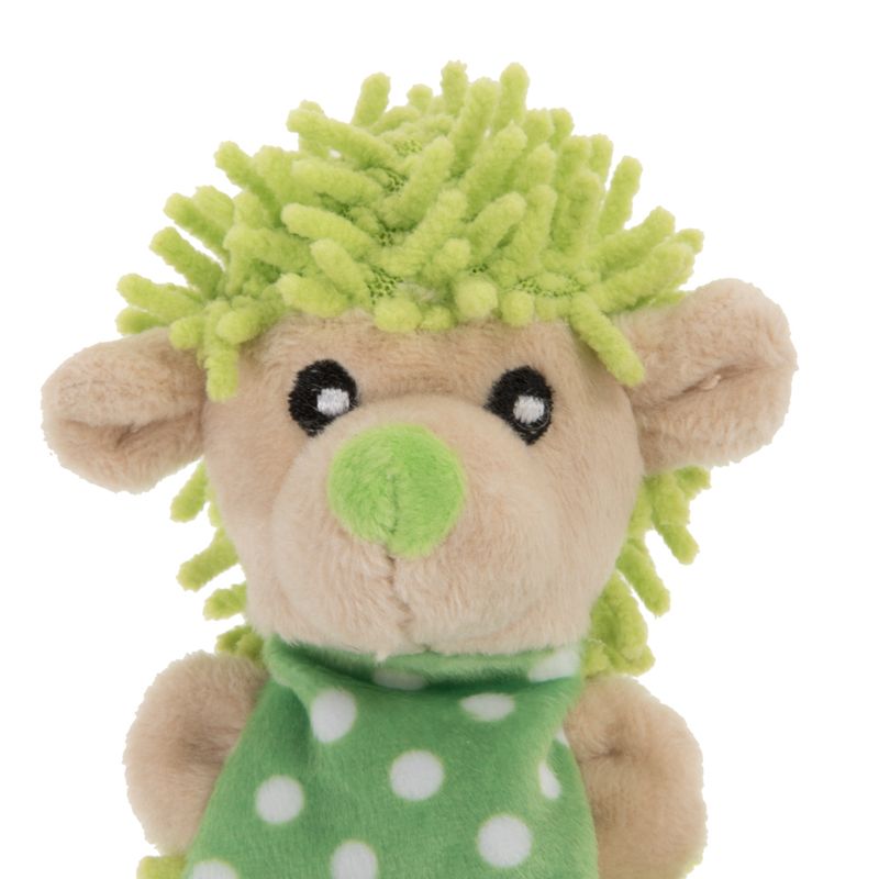 Plush toy in the shape of a hedgehog with a green head, green nose and green scarf with white dots.