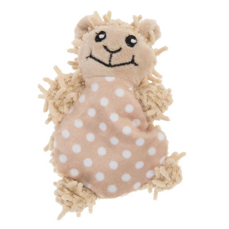 Beige plush toy in animal shape with white dots and smiling face, suitable for pets.