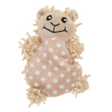 Beige plush toy in animal shape with white dots and smiling face, suitable for pets.