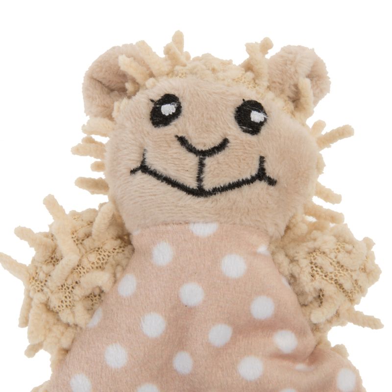 Beige plush toy in the shape of an animal with a spotted body and smiling face, suitable for pets.