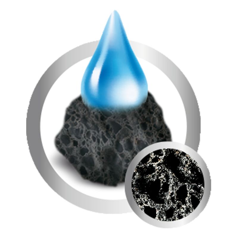 Illustration of a blue droplet on porous black material, with enlarged detail of the material. Shows absorption capacity.
