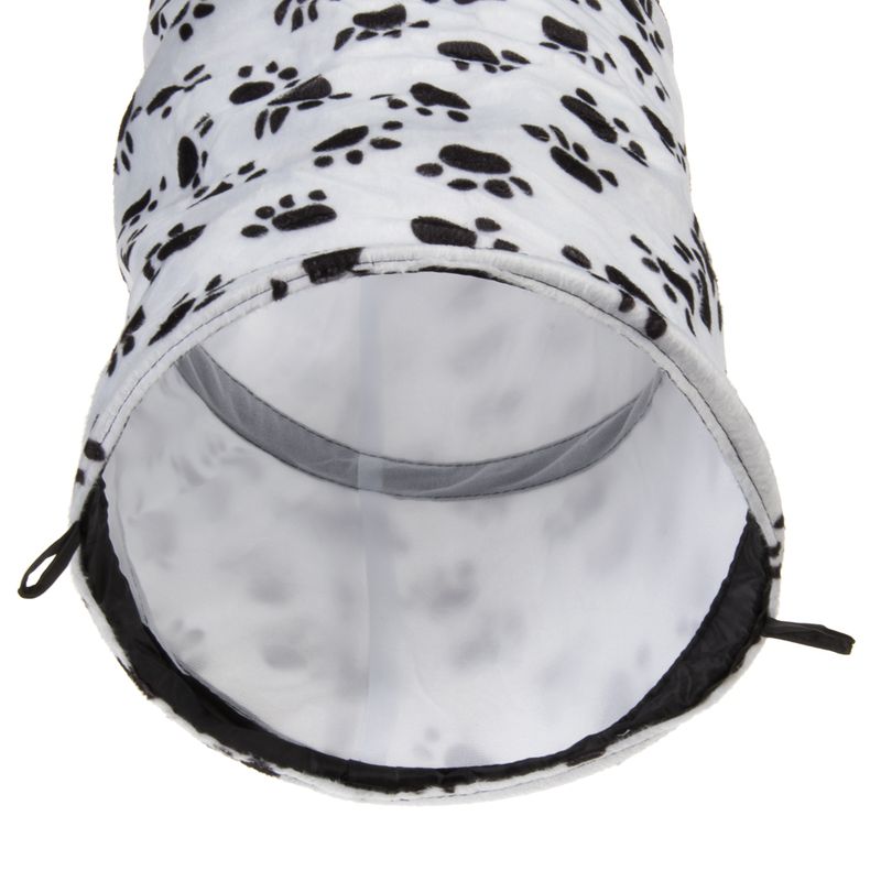 White play tunnel with black paw patterns, made of fabric, open ends and loops on the sides.