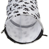 White play tunnel with black paw patterns, made of fabric, open ends and loops on the sides.