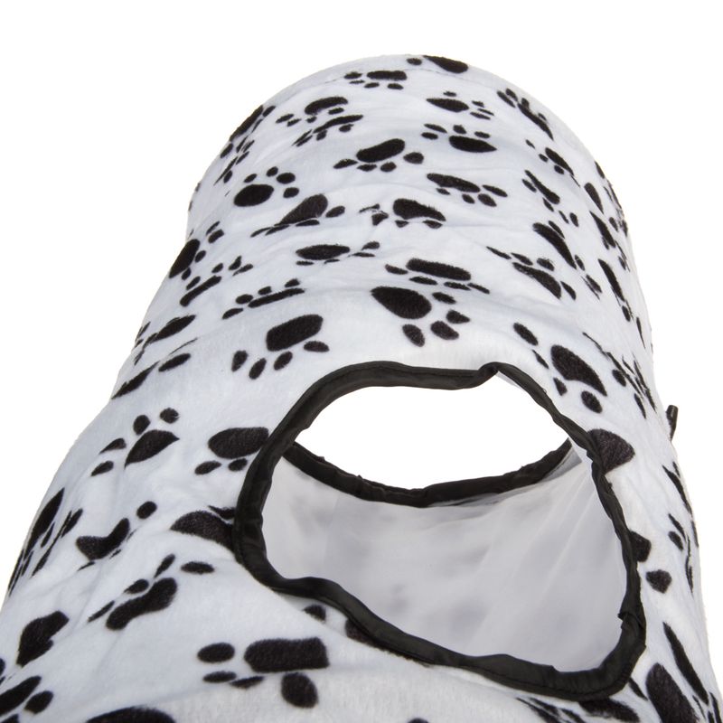 White play tunnel with black paw patterns and an opening, suitable for pets to play or hide.