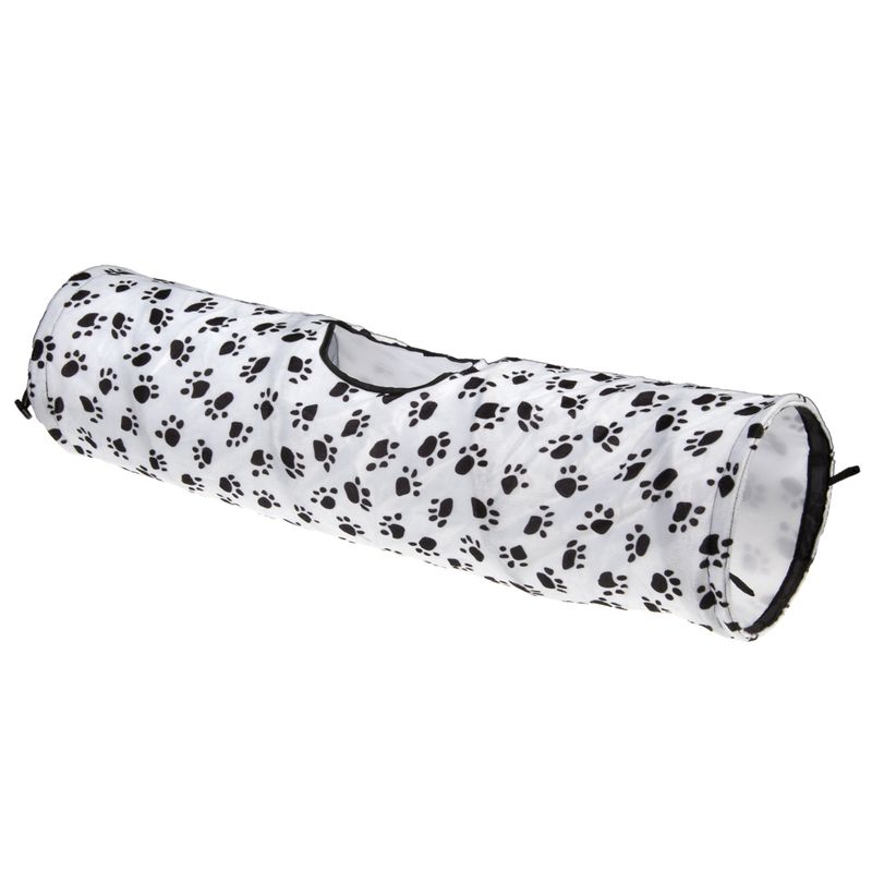 White play tunnel with black paw prints, oval entrance and sturdy edges.