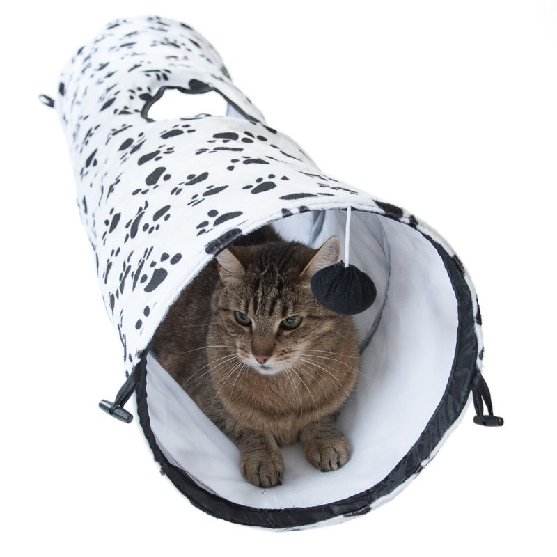 Play tunnel with paw pattern, white lined interior, hanging play ball. Cat sitting inside the tunnel.