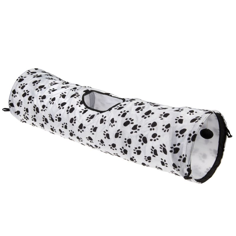 White play tunnel with black paw patterns, side entrance and hanging ball at the entrance.