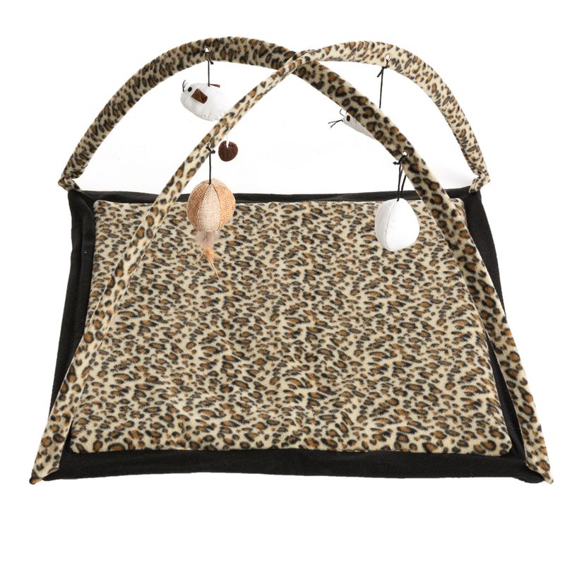 Play mat with leopard pattern, two crossed arches and hanging toys such as fabric ball and feather pendant.