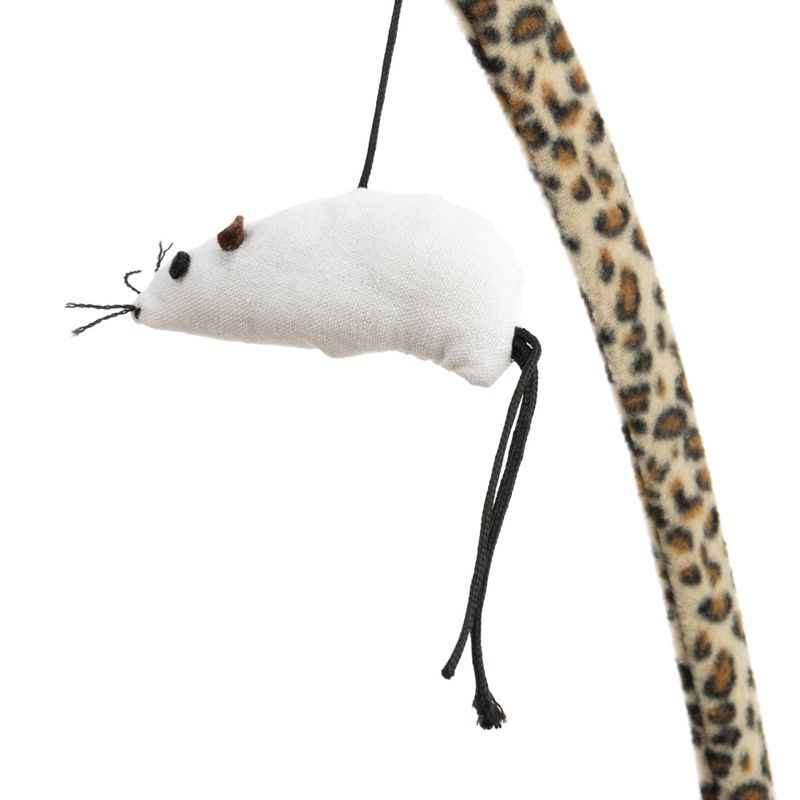 Cat toy: white fabric mouse with black details, attached to a play rod with leopard pattern.