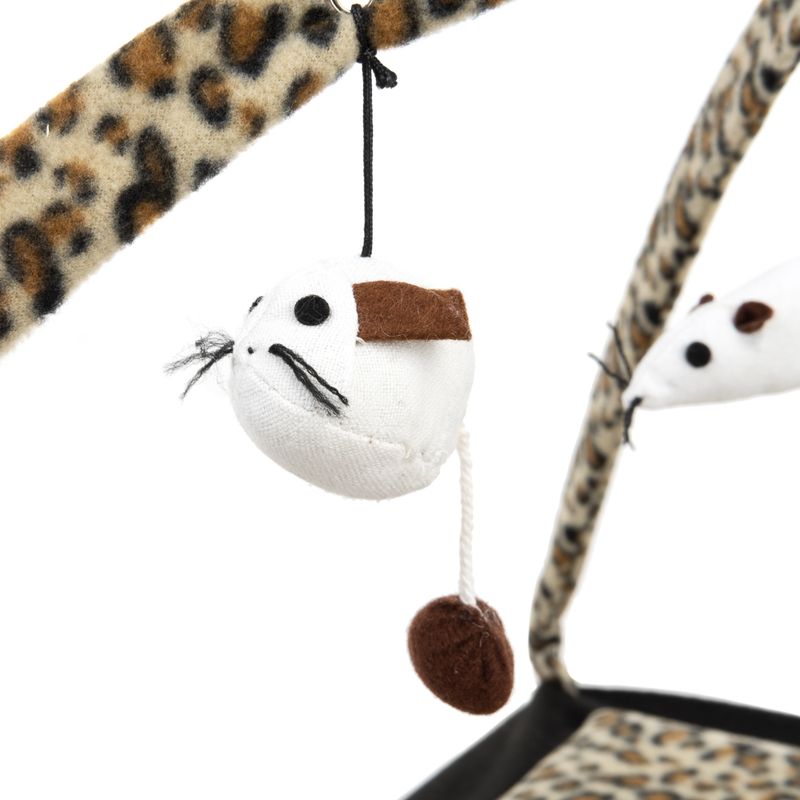 Hanging cat toy shaped like a white fabric mouse with brown accents, attached to a leopard print frame.