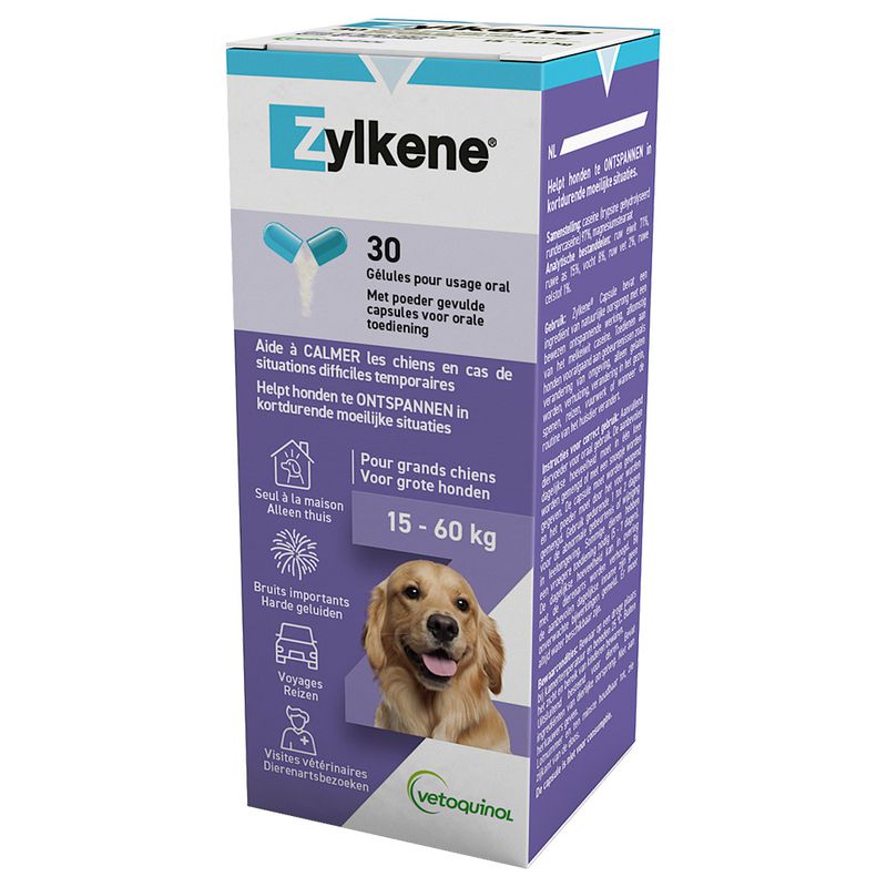 Zylkene, 30 capsules for oral use. Helps large dogs (15-60 kg) relax in difficult situations, e.g. loud noises, travel or vet visits.