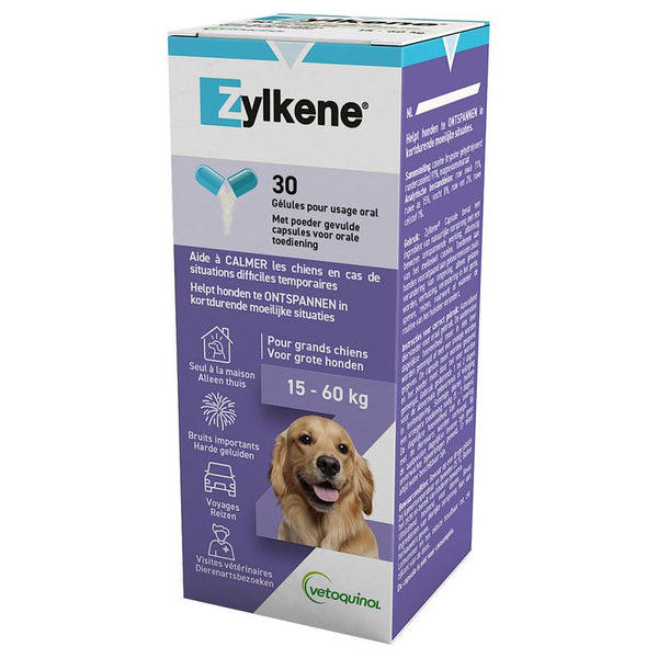 Zylkene, 30 capsules for oral use. Helps large dogs (15-60 kg) relax in difficult situations, e.g. loud noises, travel or vet visits.