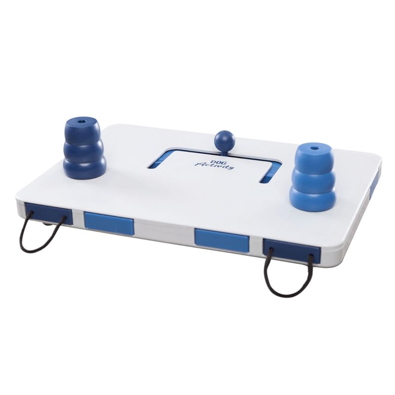 Dog Activity toy made of plastic with blue elements, sliding function and pull ropes for interactive play.