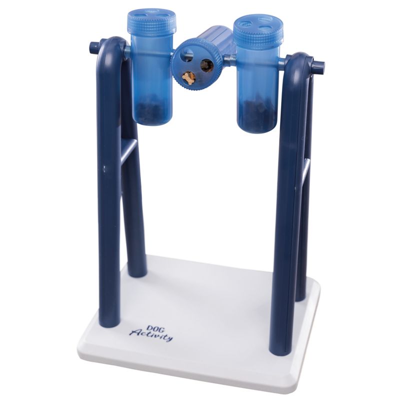 Dog Activity intelligence toy with two blue containers and rotating mechanism on a white base, suitable for filling with snacks.