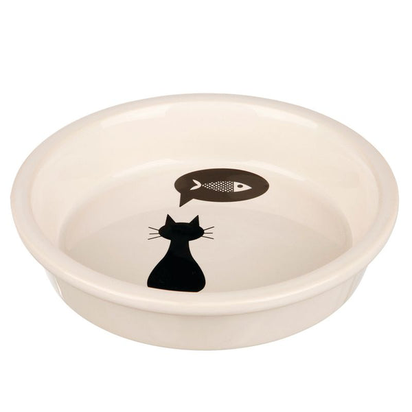 Ceramic bowl with black cat motif and speech bubble with fish symbol, suitable for food or water.