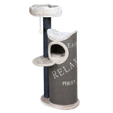 Cat tree with three levels, cave and resting areas. Text on fabric: 'Easy Relax Rest'. Beige plush padding and dark grey scratching post.