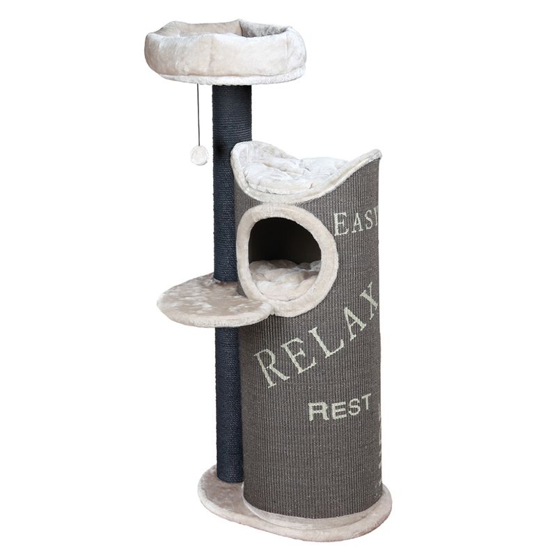 Cat tree with three levels, cave and resting areas. Text on fabric: 'Easy Relax Rest'. Beige plush padding and dark grey scratching post.