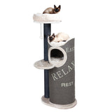 Cat tree with three levels, cave and resting areas. Text on fabric: 'Easy Relax Rest'. Two Siamese cats lying on the top platforms.