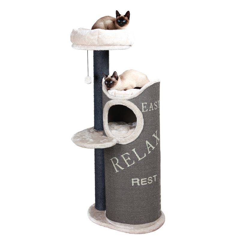 Cat tree with three levels, cave and resting areas. Text on fabric: 'Easy Relax Rest'. Two Siamese cats lying on the top platforms.