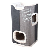 Grey scratching post with two openings and the inscription 'home sweet home'.