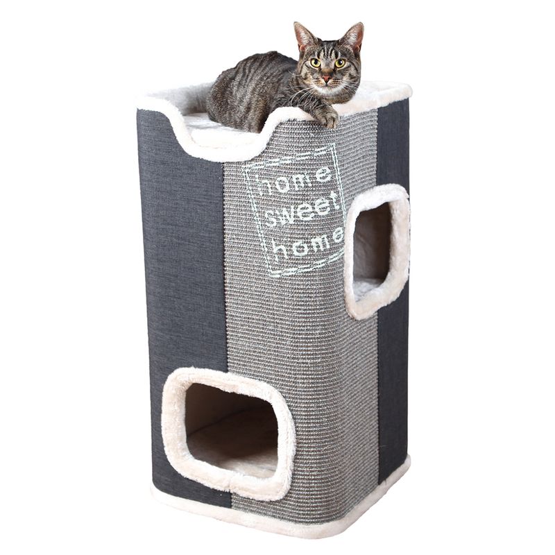 Cat tree with grey fabric cover, two caves and 'home sweet home' lettering. Cat sitting on top platform.