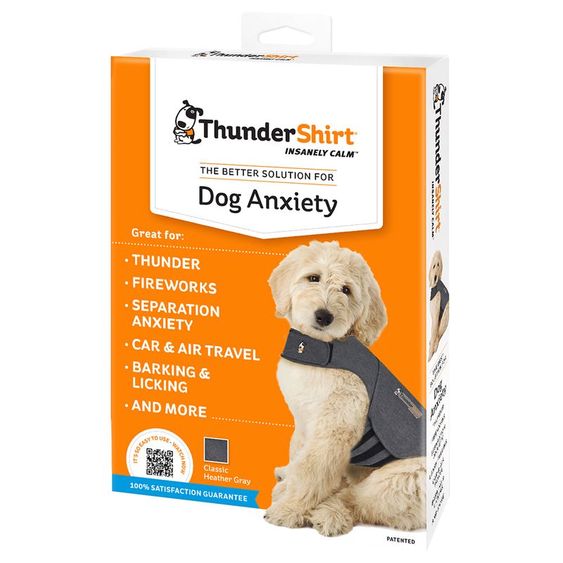 Dog anxiety solution packaging showing benefits for thunder, fireworks, separation anxiety, travel, barking and licking. Includes satisfaction guarantee and classic heather grey colour.