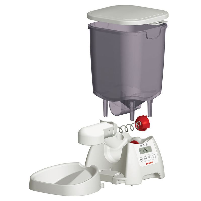 Exploded view of an automatic feeder with removable container, food tray, spring mechanism and digital display. Brand: Cat Mate.