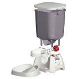 Exploded view of an automatic feeder with removable container, food tray, spring mechanism and digital display. Brand: Cat Mate.