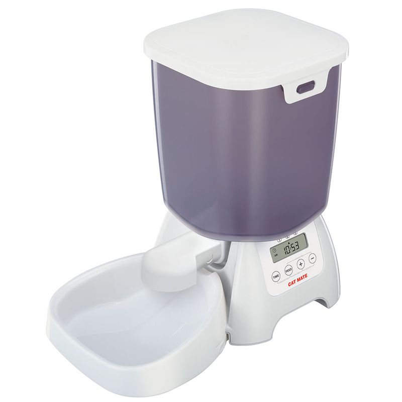 Automatic feeder Cat Mate with digital display, white food bowl and purple container. Display shows time 10:53.