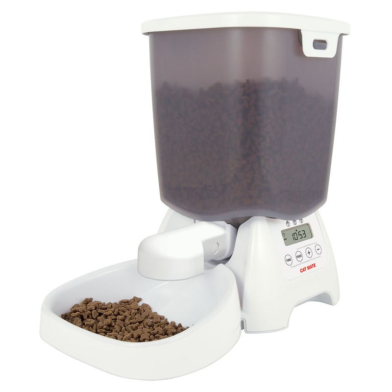Automatic feeder with digital display, filled with dry food. Brand: Cat Mate. Visible control buttons and time on display: 10:53.