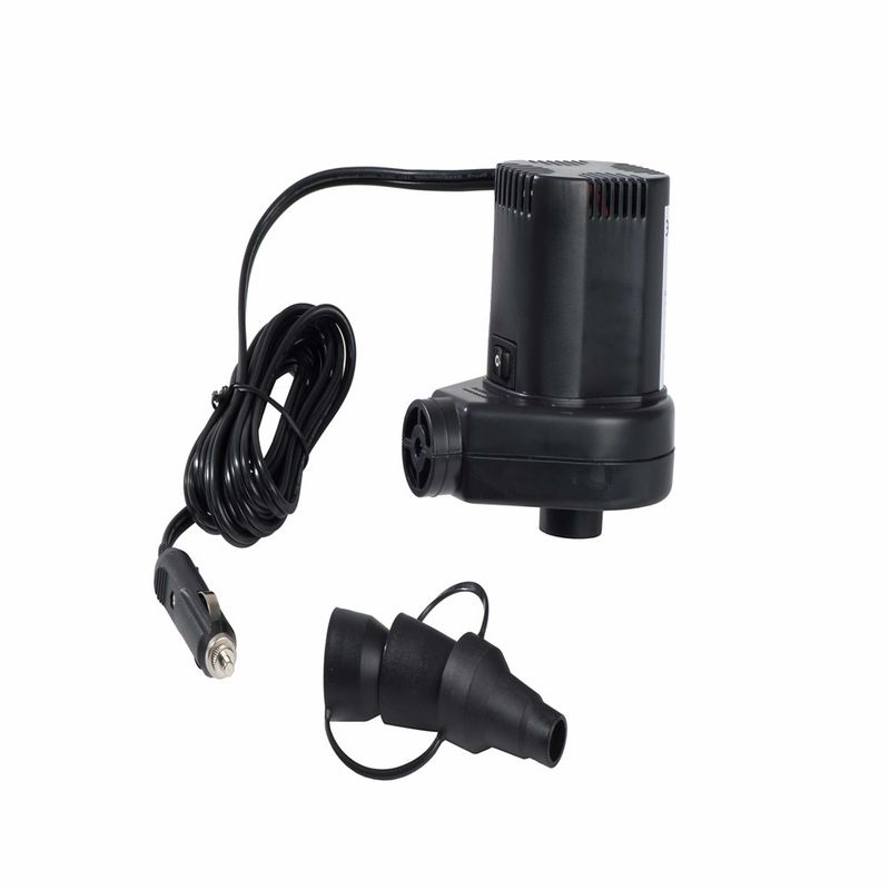 Electric air pump with power cable and car adapter plug, shown with a separate nozzle attachment for inflating or deflating items.